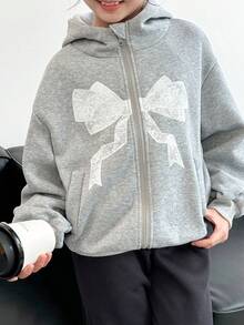 Genkimix Kids 少女蝴蝶印花长袖拉链连帽夹克，秋季休闲装 - 灰色 - 查看 4