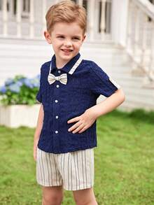 Joliand Joliand 2pcs Young Boys Elegant Urban Khaki Stripe Pattern Bow Tie Decorated Navy Blue Collar Shirt And Striped Shorts Suits, Gentlemen Outfits Suitable For Wedding, Party, Outing, Picnic, Summer Young Boys Suit Set Young Boys Casual Sets Youth Boys Suit Dress Clothes For Boys - Multicolor - View 7