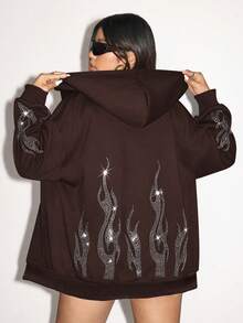 SHEIN ICON 大码女式落肩长袖水钻火焰设计卫衣/冬季 - 棕色 - 查看 7
