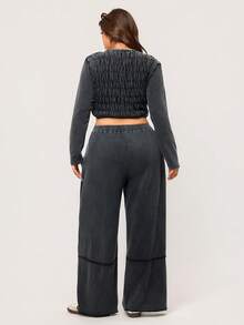 Elaquor Quần dệt kim màu đen rộng rãi, rách rưới cỡ lớn dành cho nữ - màu đen - Xem 2