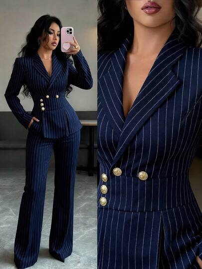SHEIN Elenzya Women's Blazer With Metal Buckle Waist Belt Design, Striped Elegant Everyday Commute Fashion French Street Vintage Business Long Sleeve Suit Jacket, Navy Blue