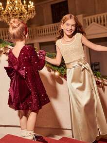 Vestido largo con cuello cuadrado y ajuste en la cintura con adornos de lentejuelas, tela de satén, elegante, adecuado para graduación, baile de graduación, invitado de boda, fiesta de Navidad