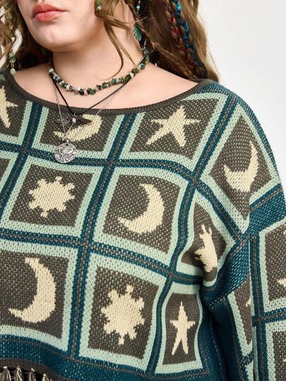 Fairycore Fairycore Geometric Moon & Star Crochet Fringe Hem Long Sleeve Plus Size Green Sweater, Plus Size Women Long Sleeve Pullover Sweater Tops For Autumn/Winter