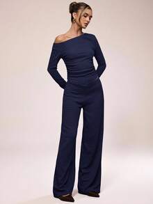 SHEIN BAE 1 Set Solid Color Asymmetric Collar Long Sleeve Top And Pants Suit - Navy Blue - View 6