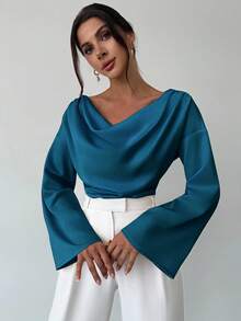 Firerie Boat Neck Flare Sleeve Gathered Waist Office Lady Apricot Blouse, Minimalist Elegant Daily Commute Satin Asymmetric Ruched Collar Bell Sleeve Blouse For Women, Office & Casual Wear, Chic - Teal Blue - View 6
