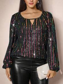 Zelara 大码时尚派对彩色串珠灯笼袖上衣，圣诞节黑色亮片上衣，优雅感恩节新年圣诞派对上衣 - 黑色 - 查看 6