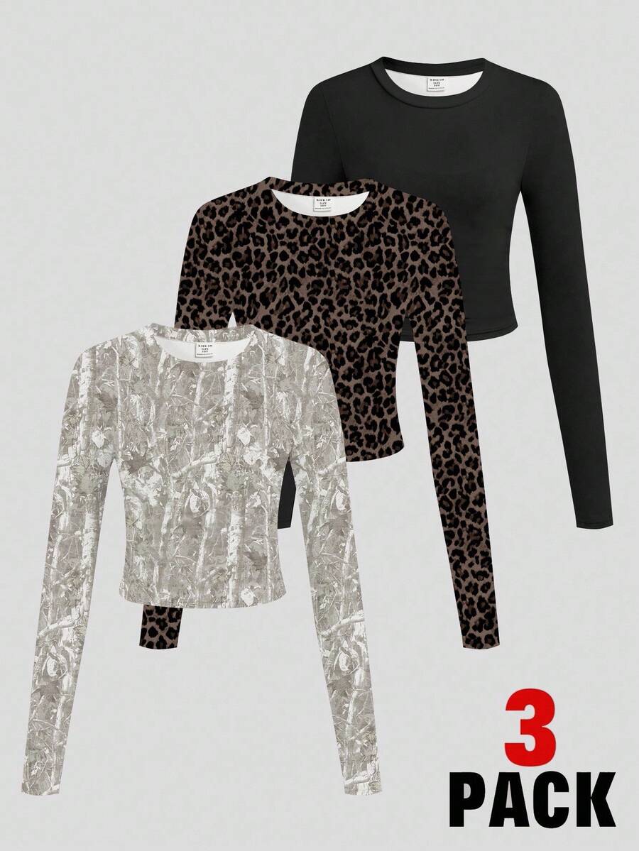 SHEIN Leap Crew 3件套少女休闲豹纹、迷彩、纯黑色圆领长袖修身短款T恤，可叠穿或外穿，秋冬季3件装上衣，长袖上衣，动物纹上衣，少女修身上衣 - 彩色 - 查看 1