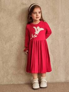 SHEIN Girls Floral Print Round Neck Long Sleeve Maxi Sweater Dress, Red - Red - View 6