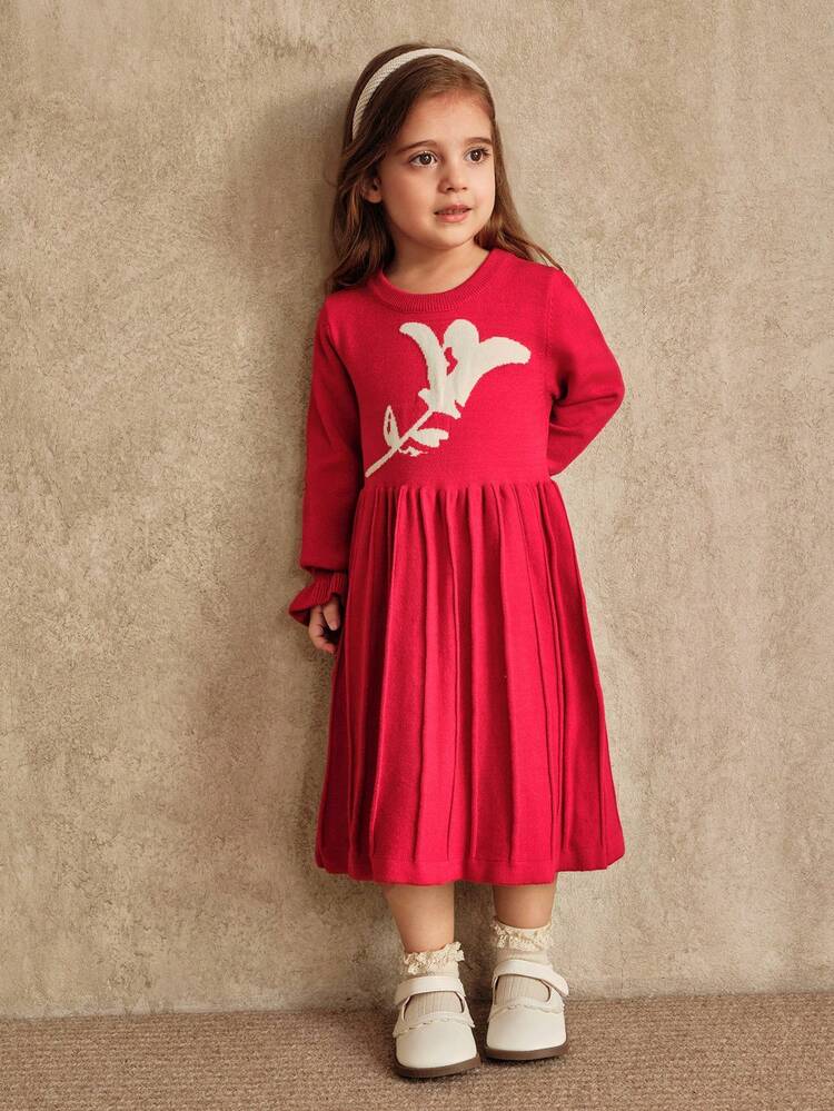 SHEIN Girls Floral Print Round Neck Long Sleeve Maxi Sweater Dress, Red - Red - View 6