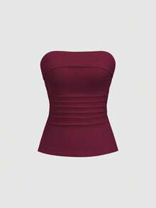 Sweetra Petite 优雅褶饰下摆开衩无袖衬衫，小巧工作服套装，秋季 - 酒紅色 - 查看 5