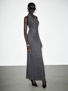 SHEIN LUNE Women's Elegant Party Dress, Shiny Metallic Fabric, Waist Cinched, Halter Neck Tie Design - Black - View 7