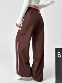SHEIN EZwear 女式休闲多色抽绳腰带条纹侧袋裤 - 彩色 - 查看 2