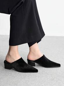 CUCCOO BIZCHIC 女式尖头粗跟黑色绒面穆勒鞋，优雅通勤高跟一脚蹬鞋，复古风格，适合春季休闲穿着 - 黑色 - 查看 3