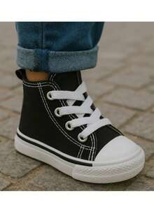 tenis botín bebé niño niña unisex con rayas lona choclo alto 1 raya negra casual urbano moda zapatillas confort para caminar liso 12mx-21mx uso diario alto botín - Blanco y Negro - Ver 1