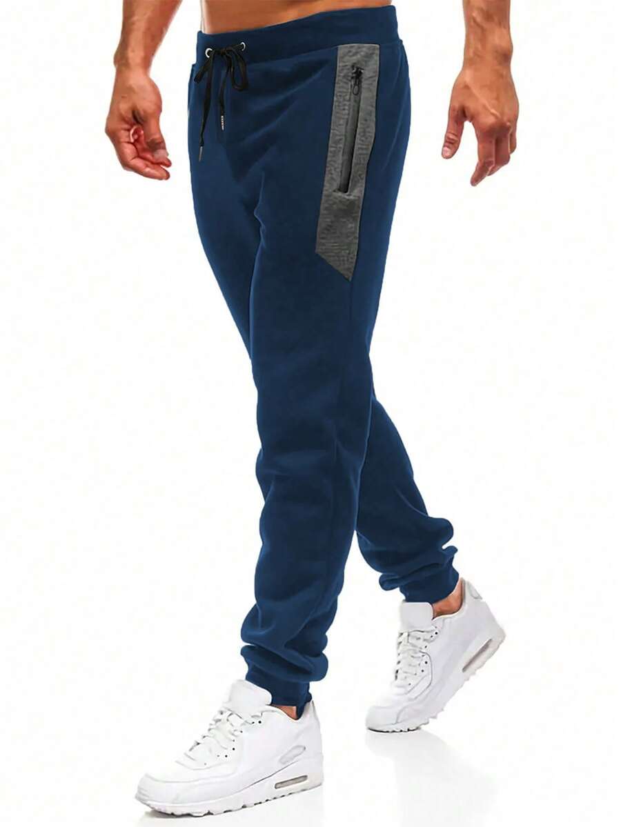 Manfinity Sport Corelite Boyfriend Style Men's Fashionable Contrast Color Zipper Drawstring Waist Sports Pants Fall Breathable Sweat Pants - Blue - View 1