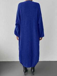 EURMUSE Solid Color Drop Shoulder Cardigan Sweater - Royal Blue - View 2