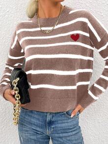 Cloudara Jersey de rayas & con patrón de corazón de hombros caídos - Rosa - Ver 3