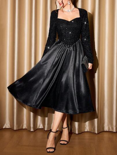 Vintamour Vintage Elegant Women's Dress Sequin Patchwork Satin Pockets Heart Neckline Long Sleeve Formal Dress Holiday Party Cocktail Vacation Winter Clothes For Women Winter Dress Women Halloween Costume For Women Christmas Clothes Christmas Outfit For Women Christmas Women's Clothing Christmas Dress Christmas Party Dress New Year Clothes New Year Outfit Party Dress Elegant Dresses For Party Elegant Party Dresses Elegant Dresses For Women Sequin Dress  Valentine