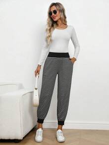 EMERY ROSE 女式休闲通勤条纹慢跑裤 - 黑色 - 查看 7