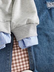 Genkimix Kids 1 件女童简约时尚蝴蝶图案条纹拼接灰色二合一 Polo 领长袖休闲运动衫，适合春秋季 - 灰色 - 查看 5