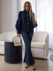 Cioccolato 靛蓝色牛仔泡泡袖纽扣休闲西部衬衫 - 中等水洗藍 - 查看 4