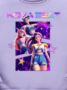 女童休闲女巫猎人图案印花卫衣，舒适柔软，时尚，适合户外运动，儿童可单穿，长袖上衣 - 紫色 - 查看 6