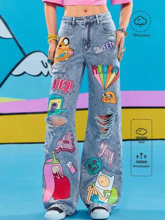 Adventure Time X ROMWE Jeans acampanados de ajuste holgado con gráficos de dibujos animados y rotos
