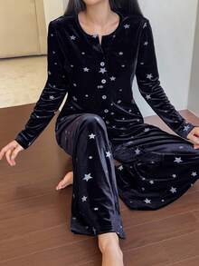 DAZY 2pcs Women Star Print Velvet Long Sleeve Cardigan Pajama Set, Autumn/Winter - Navy Blue - View 4