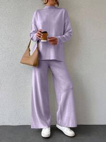 SHEIN Cottnline 2pcs/Set Solid Color Half-High Turtle Neck Drop Shoulder Loose Fit Sweater Set - Mauve Purple - View 4