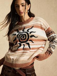 Easelle Vintage nomadischer Stil Rundhals Loose Fit Mehrfarbig Layered Damen Pullover