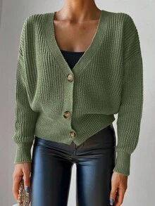 SHEIN Cottnline Solid Color V-Neck Front Button Casual Versatile Knit Long Sleeve Cardigan - Olive Green - View 3