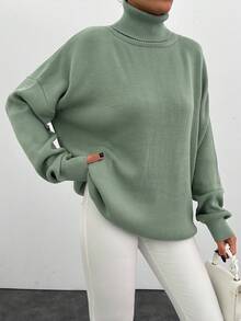 EURMUSE Women High Neck Dropped Shoulder Long Sleeve Casual Loose Knit Sweater, Autumn/Winter - Mint Green - View 3