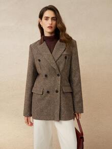 Franclia Women's Retro French Style Patchwork Blazer Collar Jacket, Suitable For Commuting, Autumn/Winter - Brown - View 4