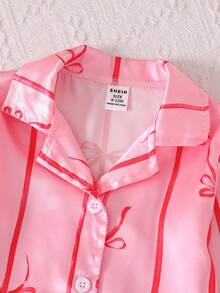 SHEIN 2件套女婴休闲蝴蝶结印花长袖上衣和裤子家居服套装，粉色 - 紅色 - 查看 5