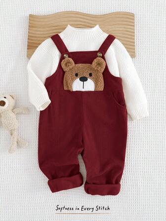 Cozy Pixies Baby Boy Cartoon Bear Print Bib & Pants Set, Versatile & Comfortable