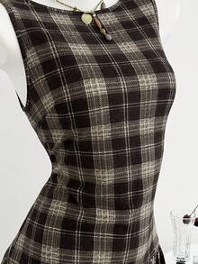 Elamini 女式无袖复古学院风拉绒格子迷你连衣裙