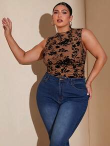 SHEIN BAE 大码女式优雅波尔卡圆点透视紧身衣/夏季上衣/节日服装/大码T恤/大码上衣/夏季上衣/黑色上衣/度假/女士度假服装 - 棕色 - 查看 4