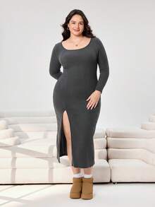 SHEIN EZwear 大码休闲纯色高开衩修身连衣裙 - 黑色 - 查看 3