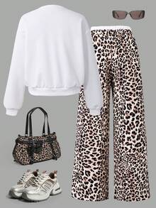 2 件套少女豹纹长袖圆领运动衫 + 宽松豹纹裤，街头休闲舒适装，秋冬 - 白色 - 查看 2