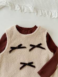 Cozy Pixies Bộ 2 áo len cổ tròn tay dài mềm mại màu trơn kèm váy yếm cho bé gái - Màu Khaki - Xem 4