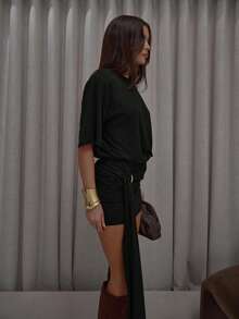 MUSERA Loose Fit Square Shoulder Fitted Drape Ring Detail T-Shirt Dress Streetwear Cute Classy Casual Sexy Going Out Fall Autumn Winter Evening  Elegant   Party