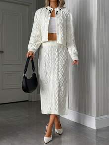 EURMUSE Cardigan tricotat cu împletitură, fundă și nasturi cu perle și set de fustă midi asortată - Bej - Vizualizare 1