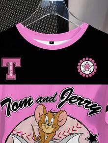 TOM & JERRY X SHEIN تي شيرت نسائي بتصميم كاجوال وشارع بطباعة كرتونية وحروف بألوان متباينة وفضفاض، صيفي