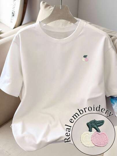 Resyla Camiseta de manga corta de cuello redondo con bordado de cerezas, casual de verano para mujer