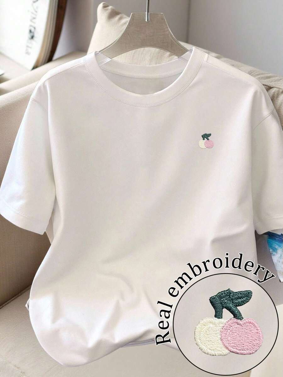 Resyla 女士休闲樱桃刺绣圆领短袖T恤，夏季 - 白色 - 查看 1