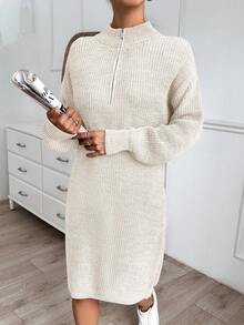 EURMUSE Damen einfarbiges Strickkleid mit Reißverschlussdetails - Beige - Übersicht 3