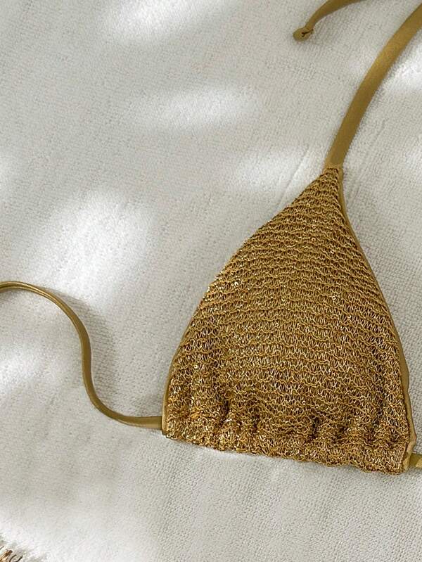 Swim Mod Top de bikini sexy con triángulo y copa con textura de lentejuelas sólidas