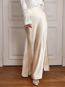 Louniche Women's Solid Color Basic Skirt Maxi Women Outfit - Beige - View 4
