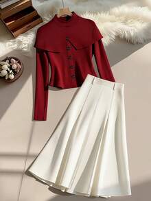 GlowEve 女装2025秋冬新款休闲优雅通勤经典红色圣诞日常长袖2件套 - 白色 - 查看 1