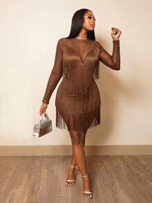 BamGleam Ladies Fashion Sexy Black Crewneck See-Through Mesh Long Sleeve Fringe Dress, Suitable For Latin Dance Dress, PROM, Party, Party - Brown - View 6
